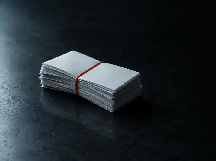 주황 띠로 묶은 접힌 영수증 묶음